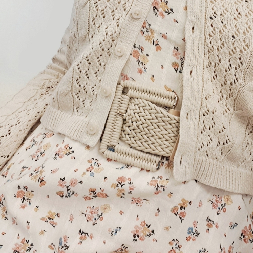 Woven Macrame Raffia Braided Bohemian Buckle Belt - Neutral Cream | Womens Small